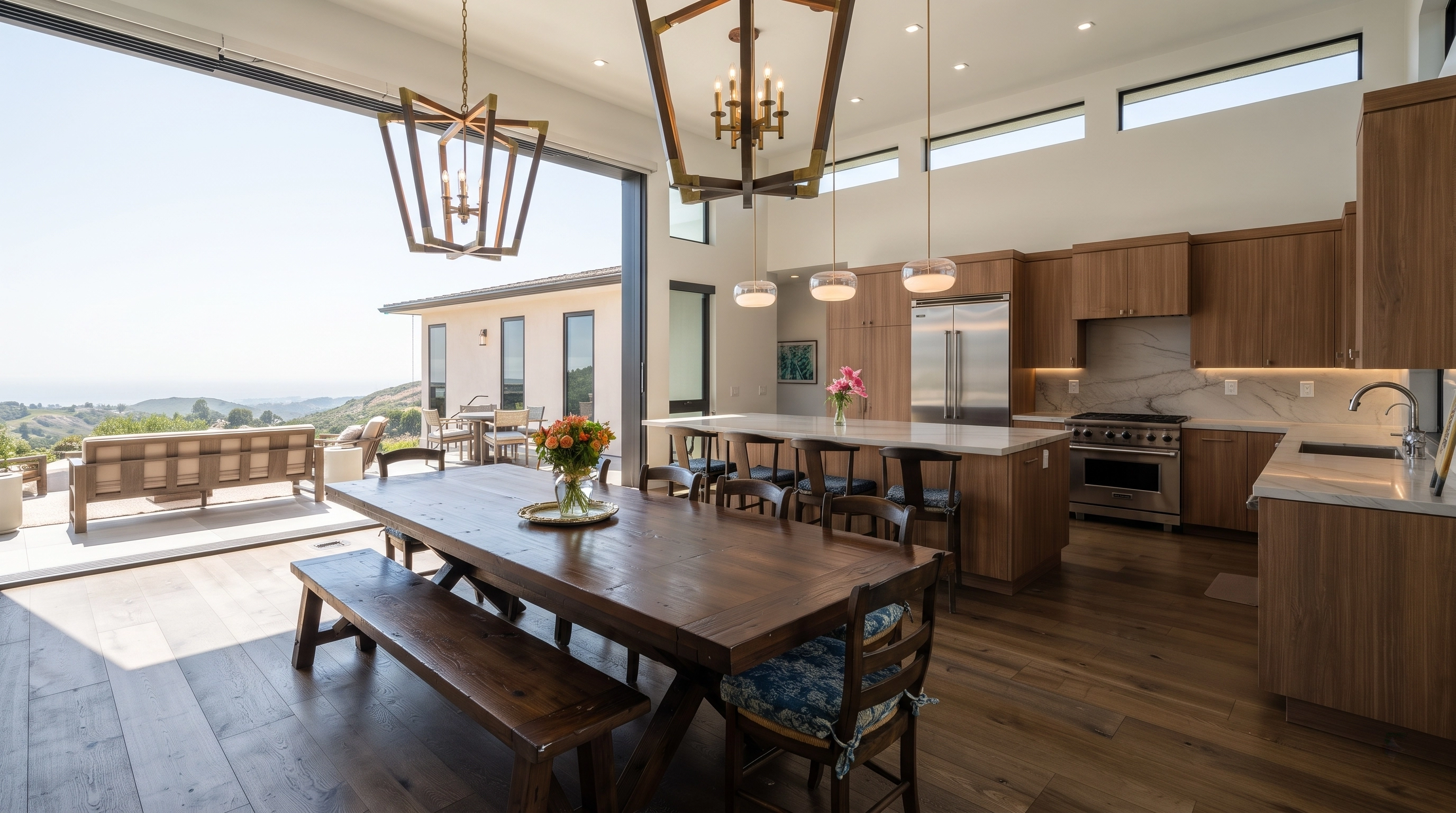 Open kitchen dining with wooden table