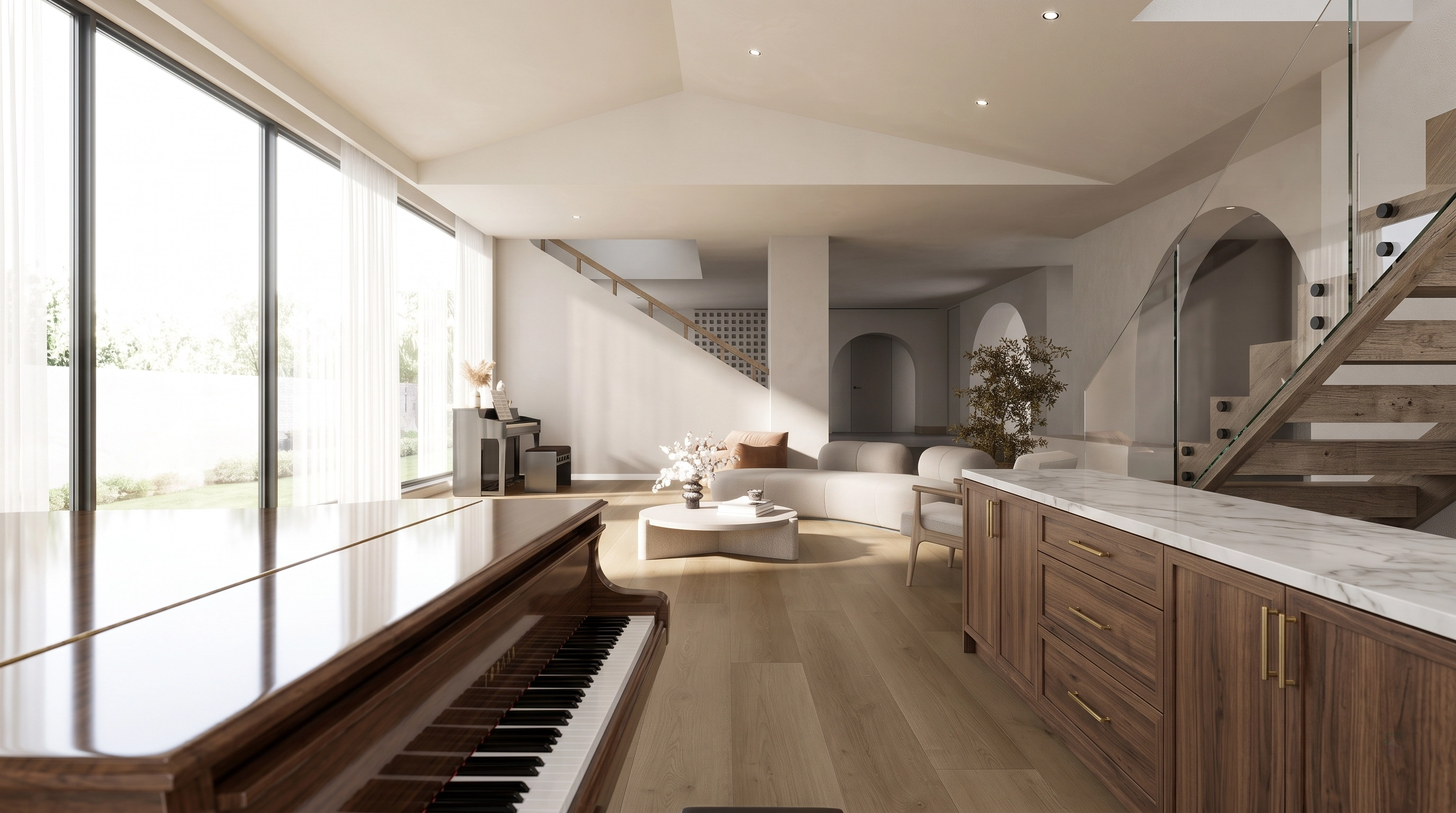Piano in open stairway interior