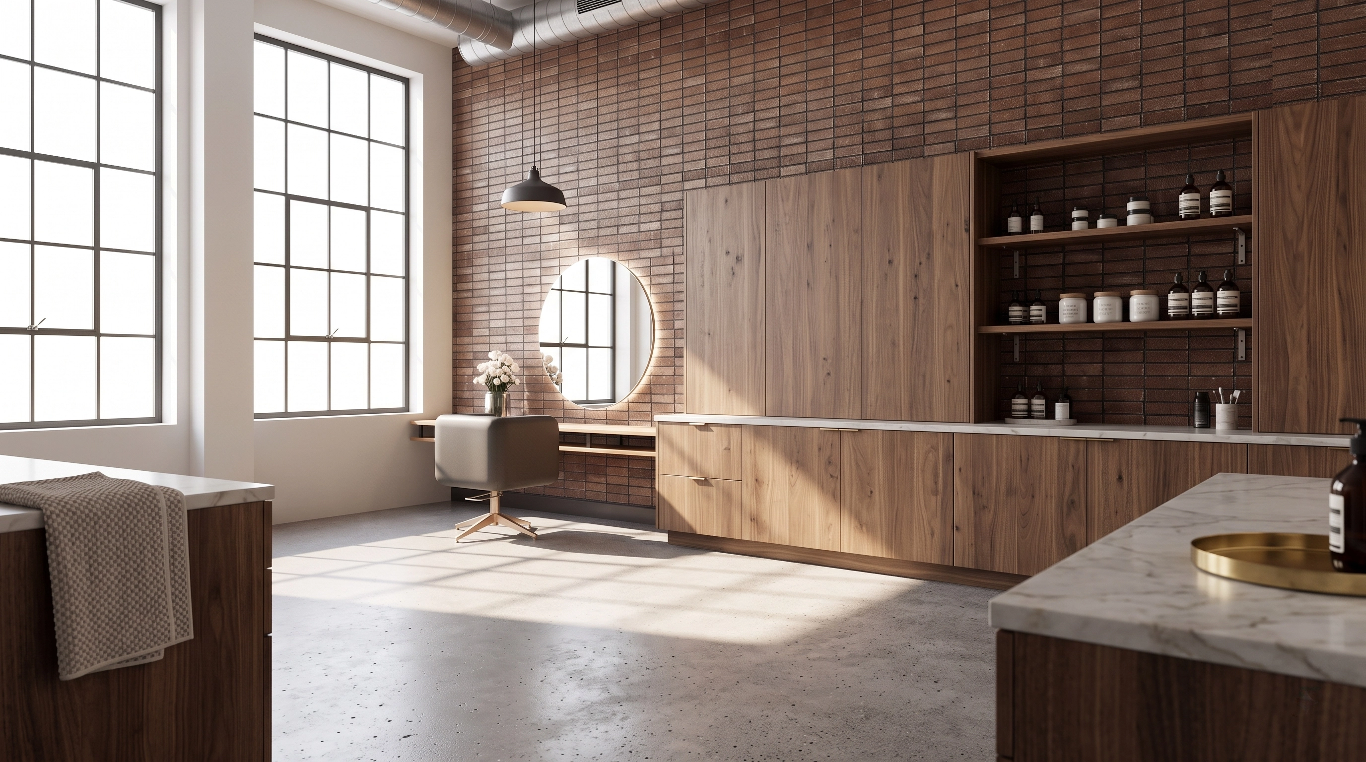 Brick wall kitchen marble island