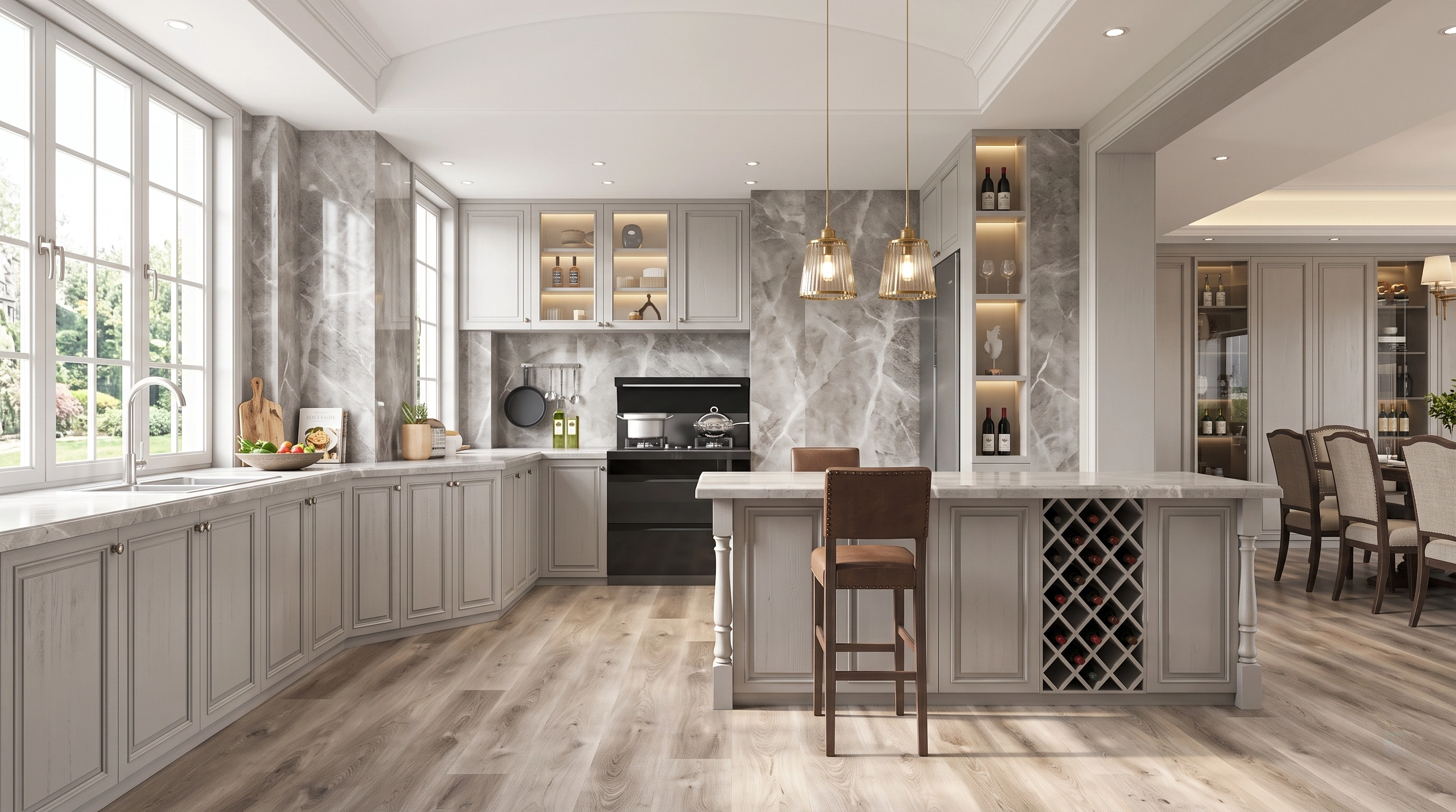 Large kitchen with marble island